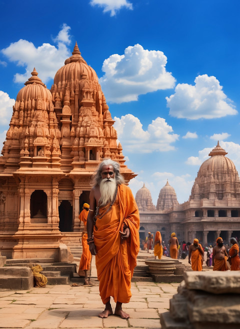 Ayodhya Ram Mandir HD Background Blue Sky With Sadhu Image