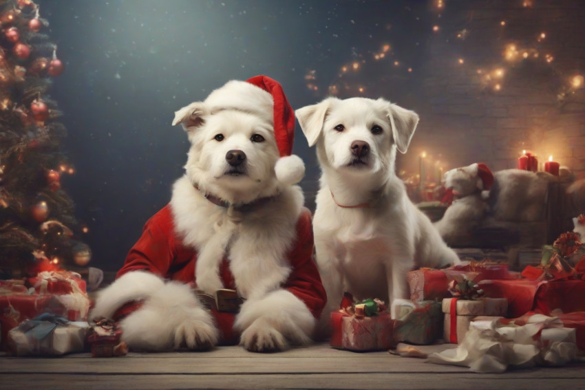 Christmas Background With White Dog in Santa Hat Image HD For Desktop 8