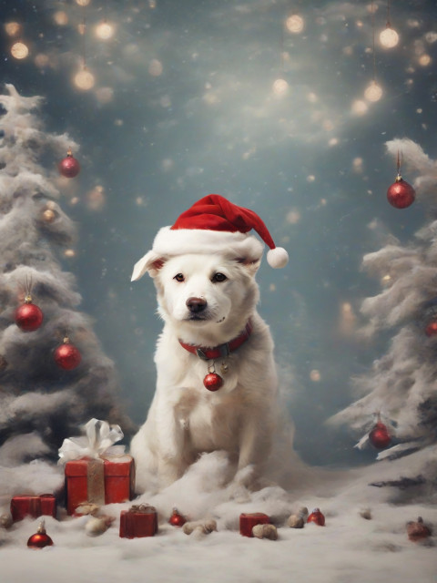 Christmas Background With White Dog in Santa Hat Image HD For Editing