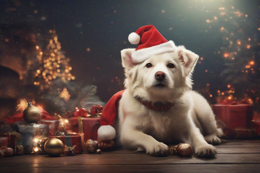 Christmas Background With White Dog in Santa Hat Images HD For Desktop