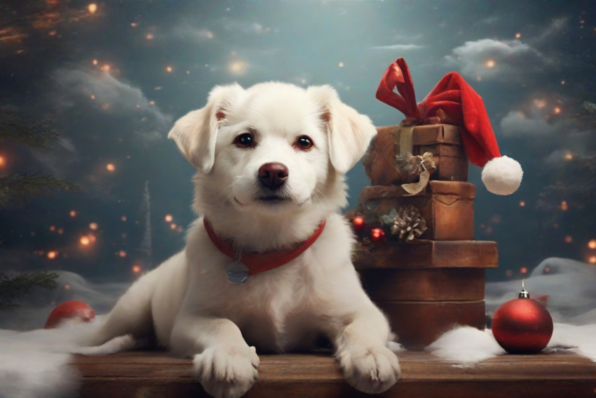 Christmas Background With White Sitting Dog in Santa Hat HD For Desktop