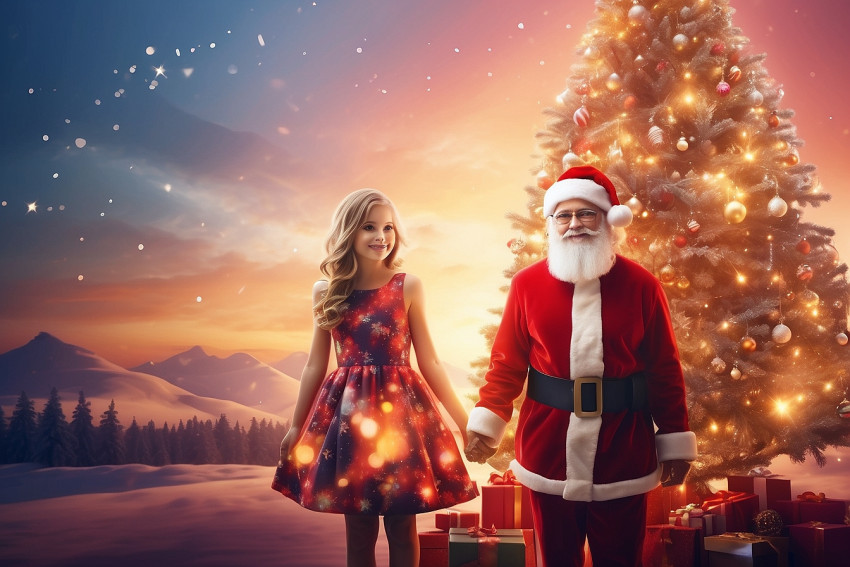 Christmas Blur Sunset Background Santa Claus With Girl Image