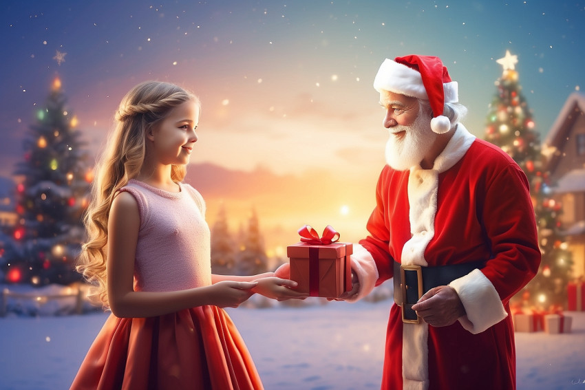 Christmas Blur Sunset Background Santa Claus With Girl Images