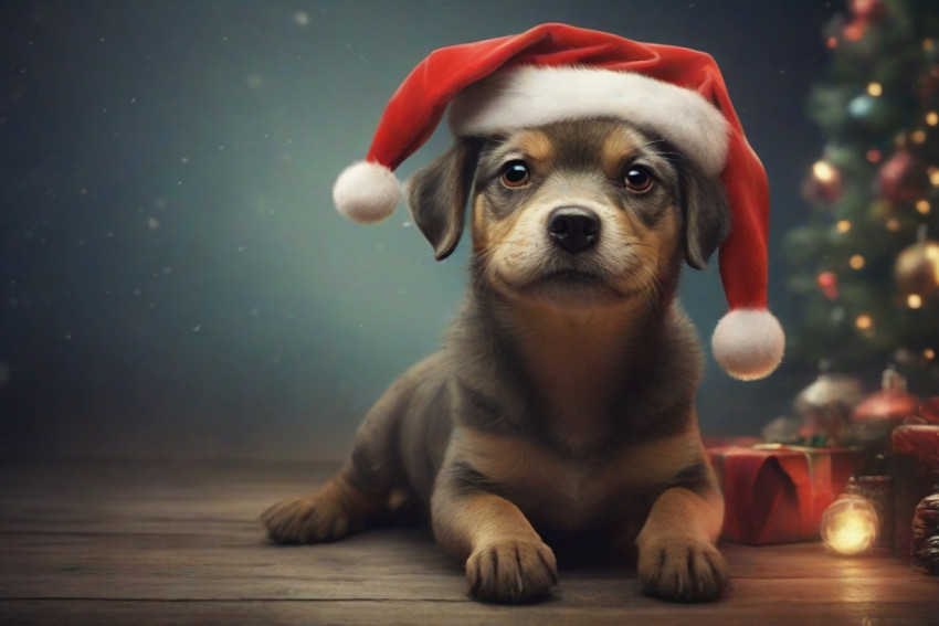 Christmas Dog With Santa Claus Hat Background HD Download