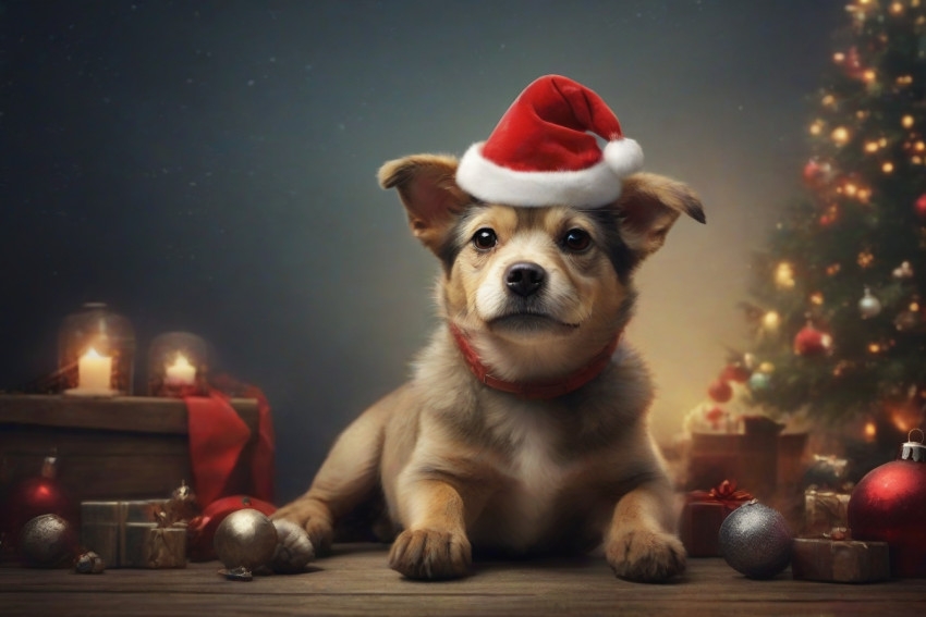 Christmas Dog With Santa Claus Hat Background HD Download