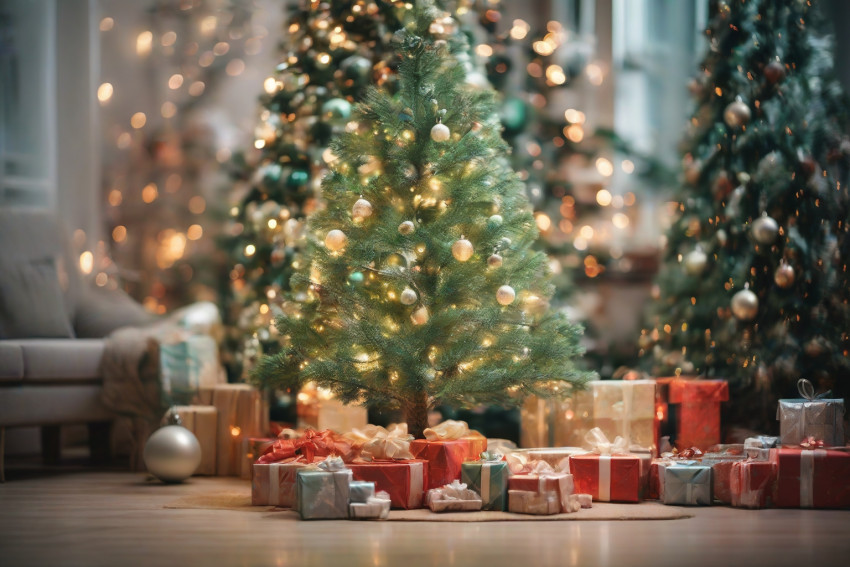 Christmas Green Tree With light Ball And Gift Background in House