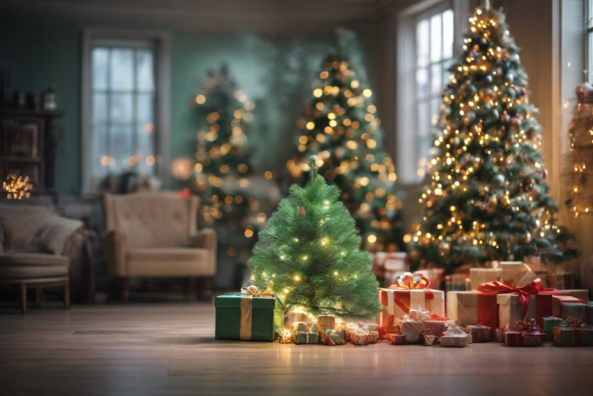 Christmas Green Tree With light Ball And Gift Backgrounds in House