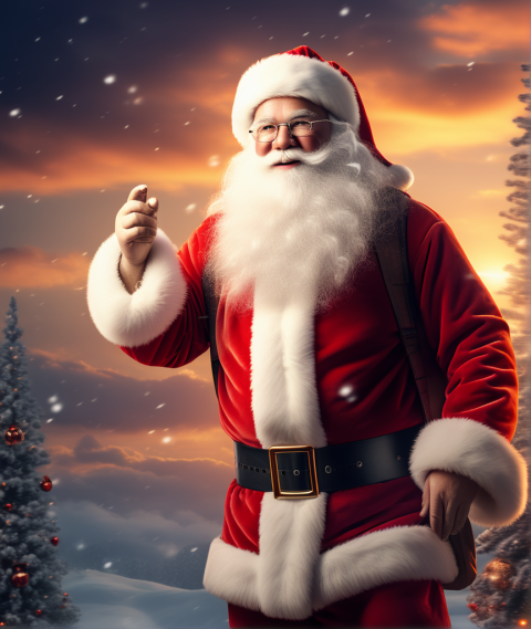 Christmas sunset Sky Blur Background With Santa Claus FullBody