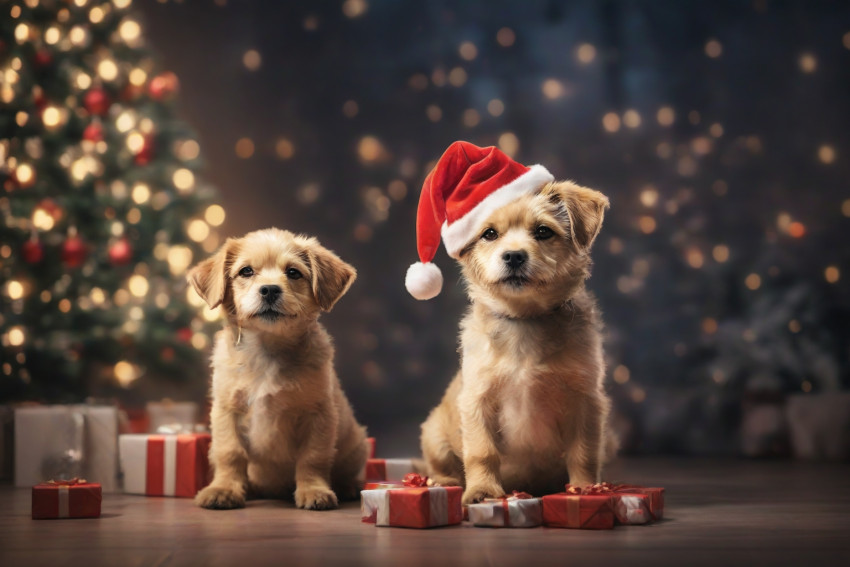 Christmas Tree Light Gift With Dog Background HD For Desktop Image