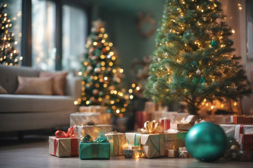 Free Christmas Images HD Green Tree With light Ball And Gift Photo