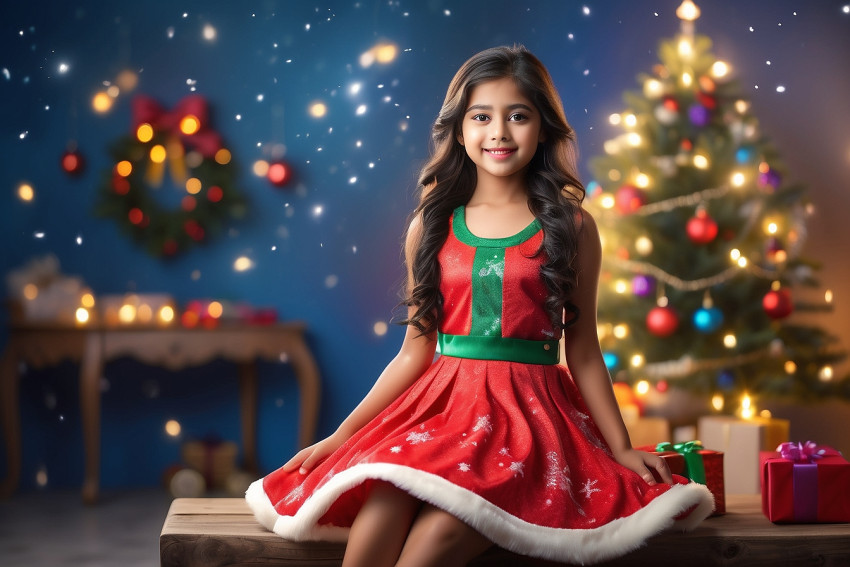 Free Sitting Girl Merry Christmas Tree Blur Background For Desktop Wallpaper