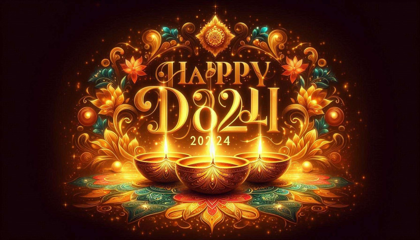 Happy Diwali 2024 Pictures With Golden Text And Lights