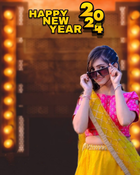 Happy New Year 2024 Background CB With Yellow Dress Girl For Photo Editing