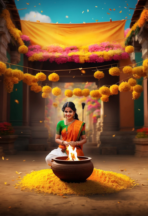 Happy Pongal Decoration Background With Flowers For Editing CB Img