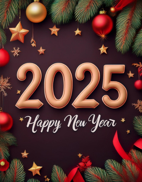 Hd Background Pine Branches And Ornaments 2025 Happy New Year Card
