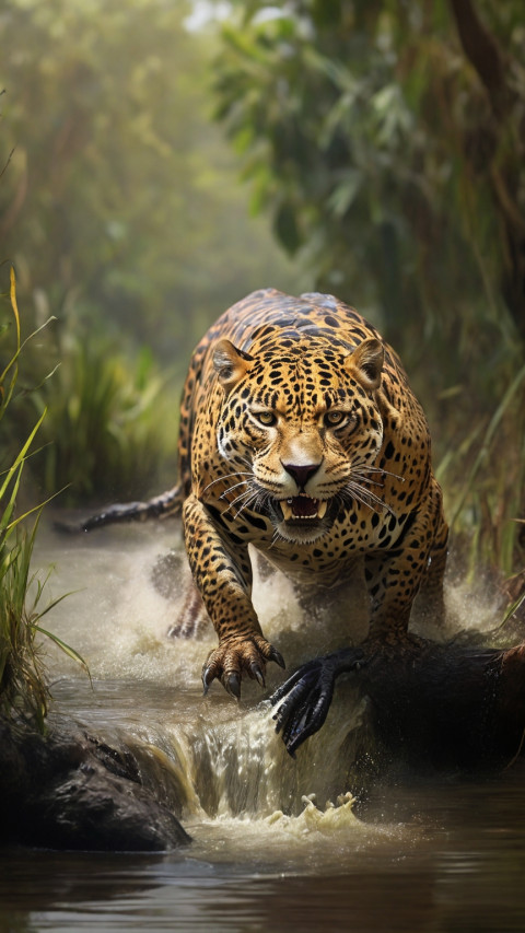 Jaguar hunting a crocodile in Water Wallpaper free iamges