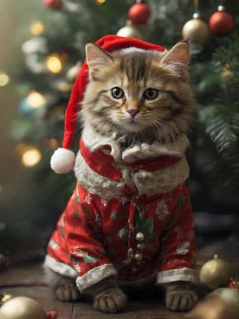Little Cat in A Christmas Outfit Background New Wallpaper Free