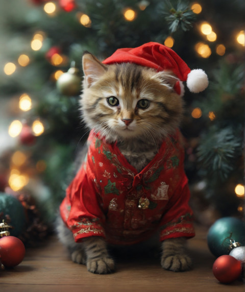 Little Cat in A Christmas Outfit Background New Wallpaper Free