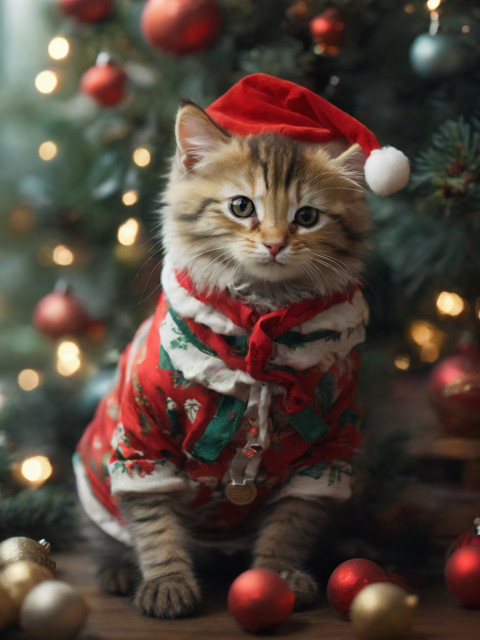 Little Cat in A Christmas Outfit Background New Wallpaper Free Pics