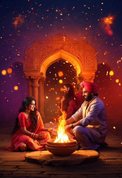 Lohri Celebration Fire Vector Illustration People Background For Editing