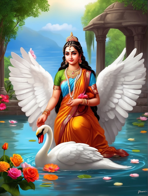 Maa Saraswati Pooja Editing HD Background With Swans In Water Photo