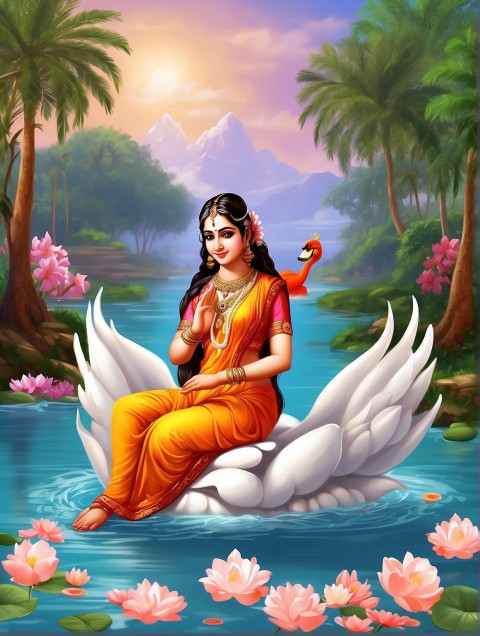 Maa Saraswati With Swans CB Background For Photo Editing Image