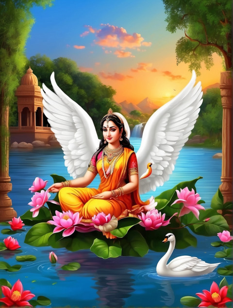 Maa Saraswati With Swans CB Background For Photo Editing Images