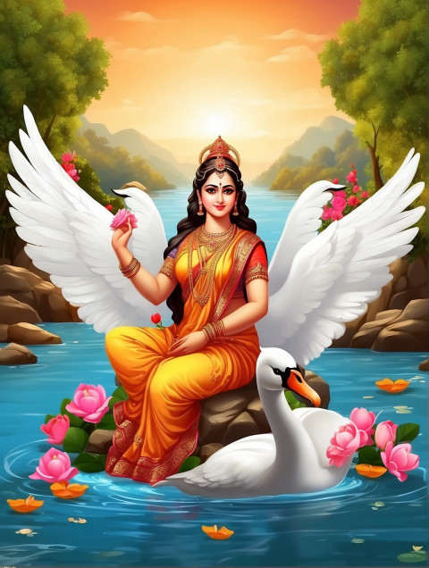 Maa Saraswati With Swans CB Background For Photo Editing Images Pic