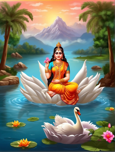 Maa Saraswati With Swans CB Background For Photo Editing Images
