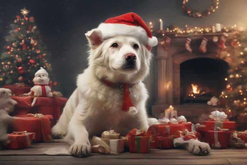 Merry Christmas Background With White Dog in Santa Hat Image HD For Desktop