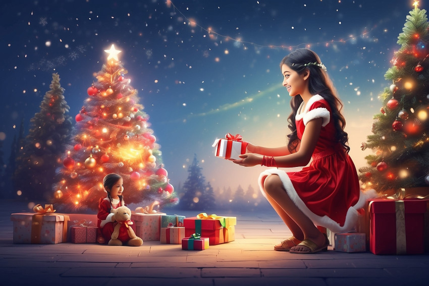Merry Christmas Blur Background With Cute Girl Wallpapers For Desktop