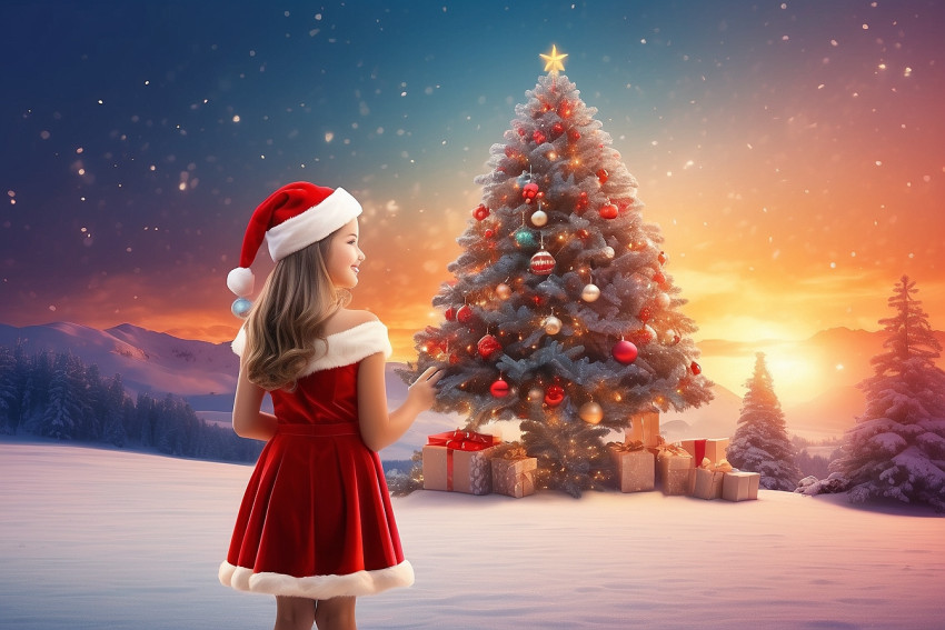 Merry Christmas Blur Sunset Background With Cute Girl For Desktop Image