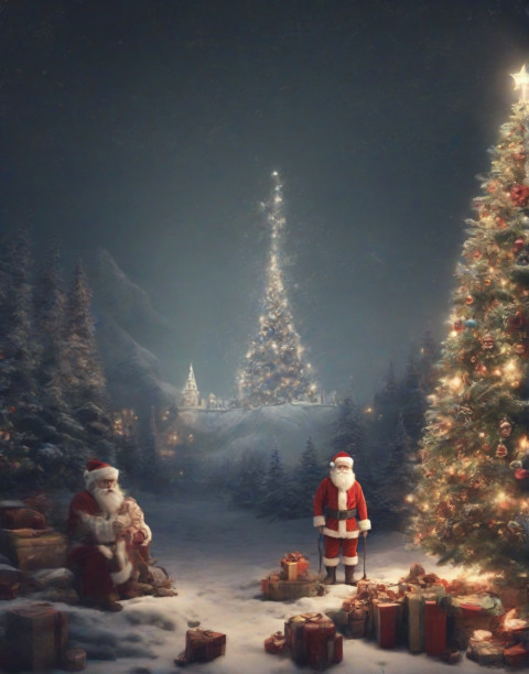 Merry Christmas Editing Background With Two Santa Claus And Tree