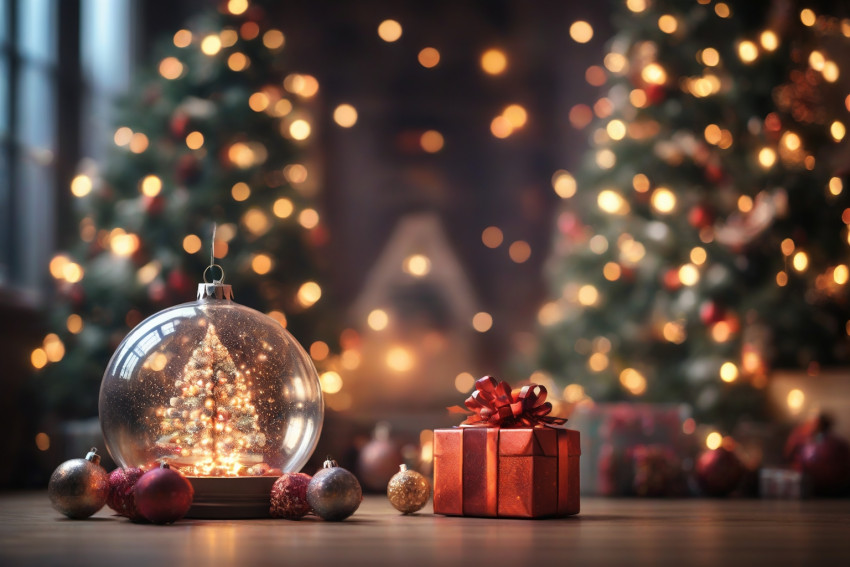 Merry Christmas Tree Light Ball And Gift in House Wallpaper For Desktop Image