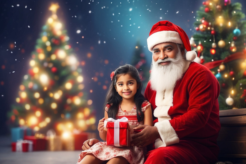 New Christmas Blur Sunset Background Santa Claus With Girl Image