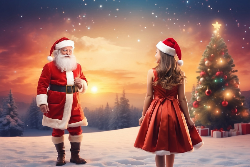 New Christmas Blur Sunset Background Santa Claus With Girl Images