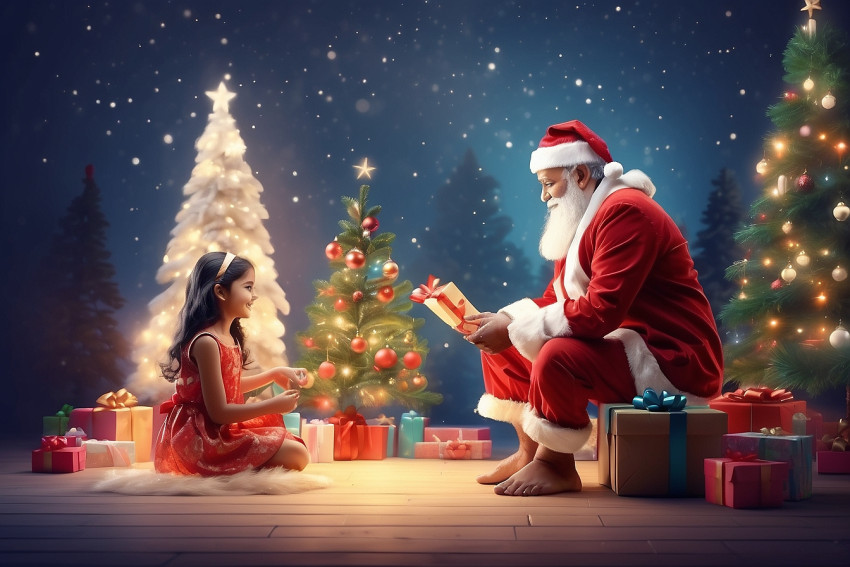 New Christmas Blur Sunset Background Santa Claus With Girl Images
