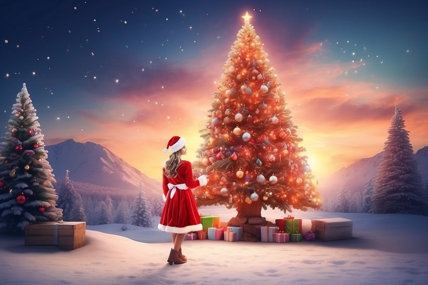 Photoshop Christmas Blur Sunset Background With Cute Girl For Desktop Image