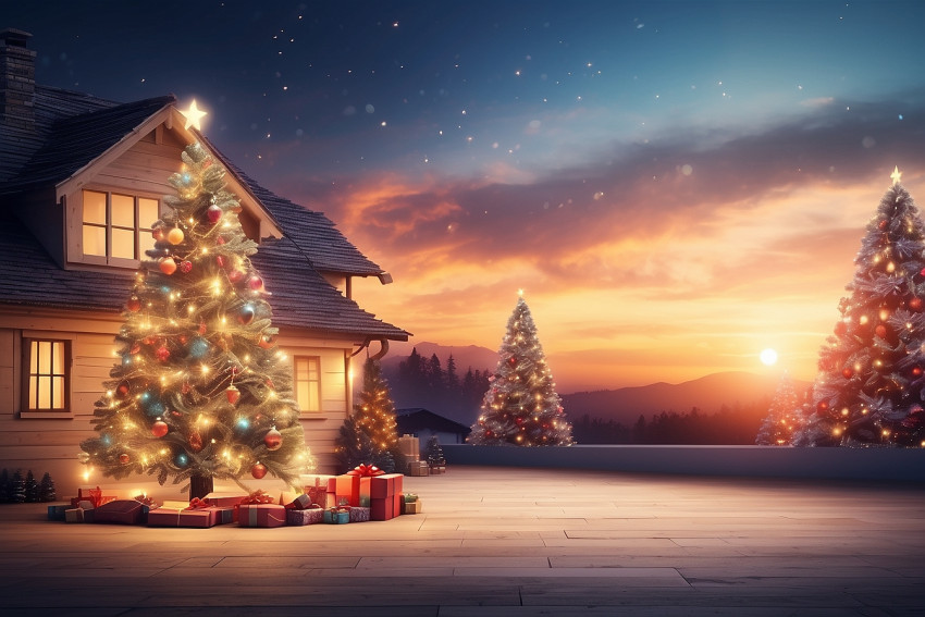 Photoshop Christmas Tree Sunset Blur Wallpaper Free Download