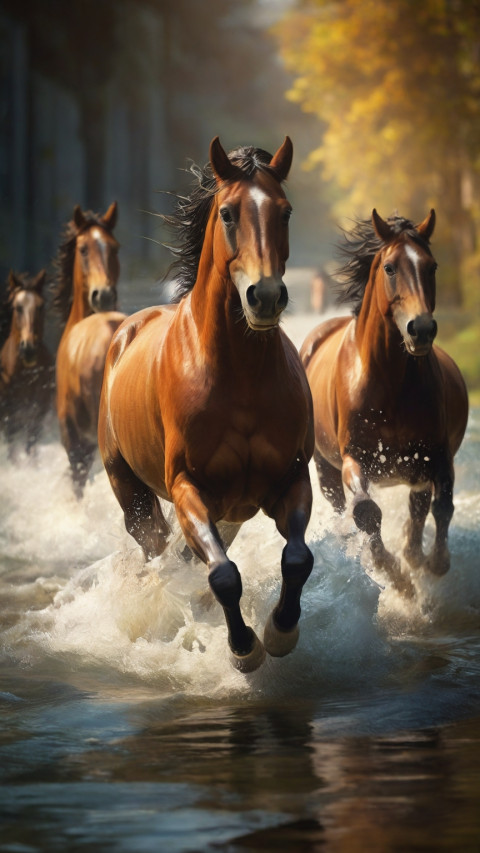 Runing horses in waters Mobile Screen Wallpapers New