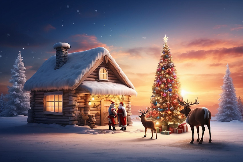 Santa Claus House  With Raindeer Merry Christmas CB Blur Sunset Wallpaper