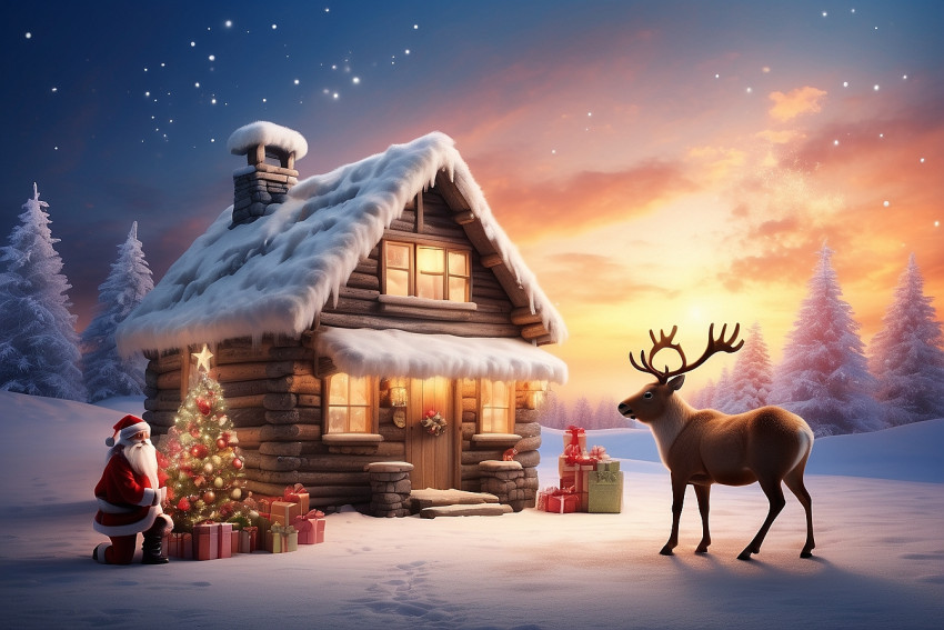 Santa Claus House  With Raindeer Merry Christmas CB Blur Sunset Wallpaper