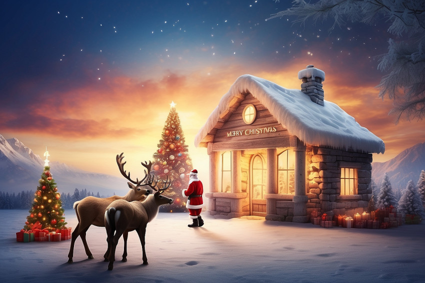 Santa Claus House  With Raindeer Merry Christmas CB Blur Sunset Wallpapers