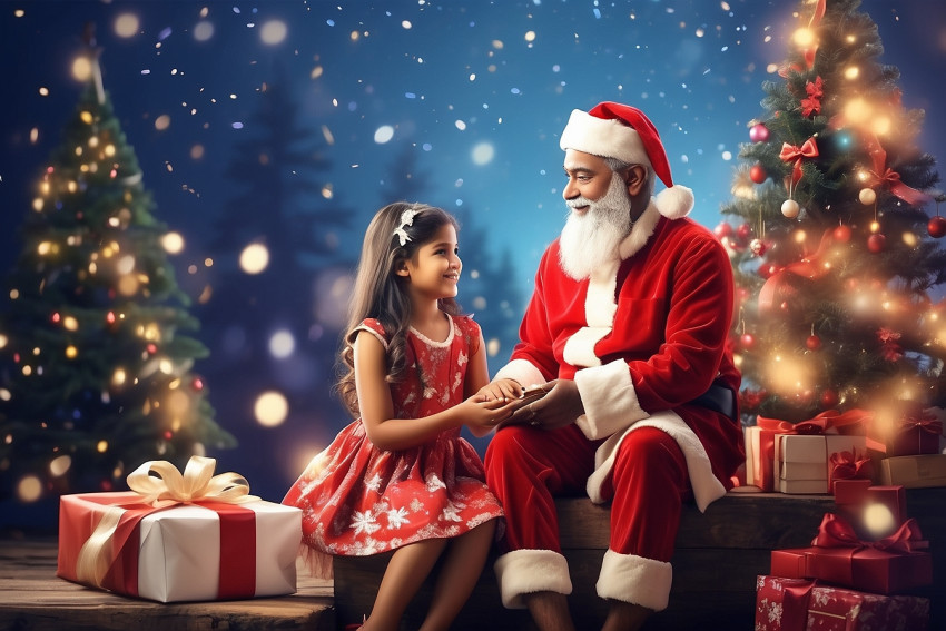 Santa Claus Sitting With Cute Girl Image Merry Christmas Blur Background