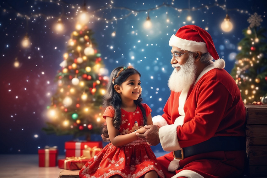 Santa Claus Sitting With Cute Girl Images Merry Christmas Blur Background Full HD