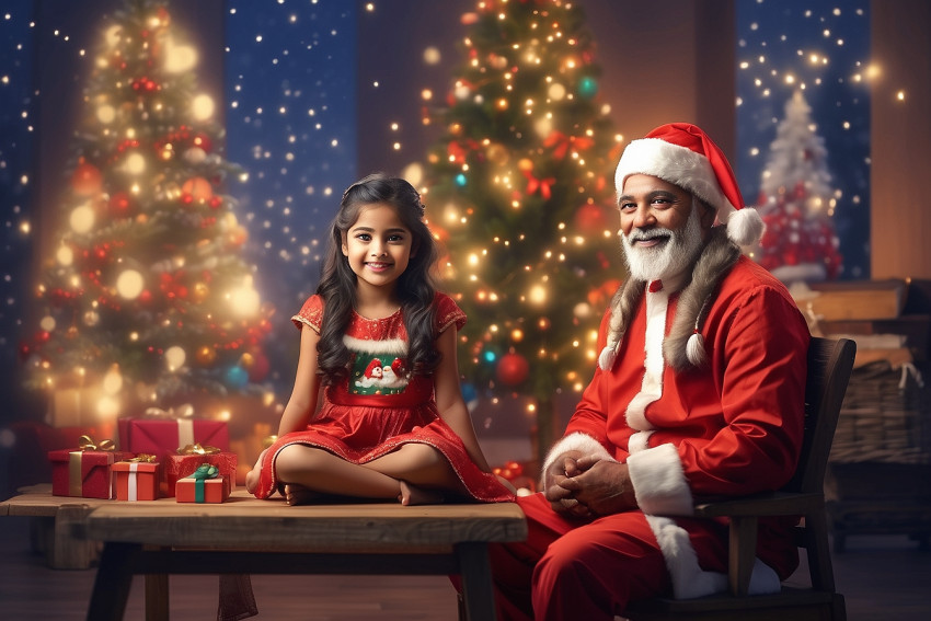 Santa Claus Sitting With Cute Girl Images Merry Christmas Blur Background HD