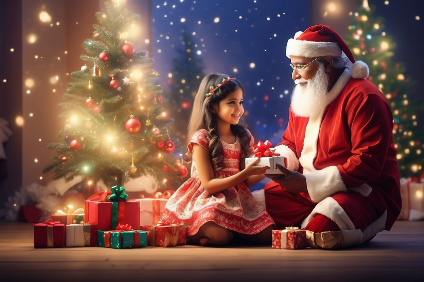 Santa Claus Sitting With Cute Girl Images Merry Christmas Blur Background