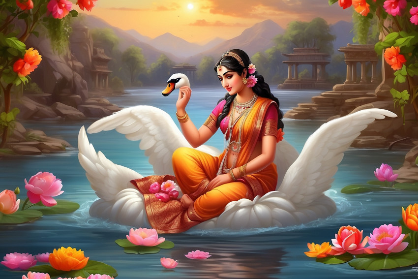 Saraswati Maa Sitting On Flowers Editing Background with Swan