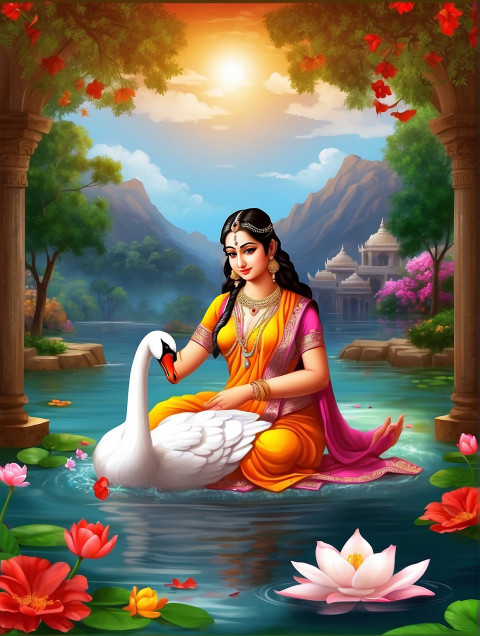 Saraswati Maa Sitting On Flowers Editing Background with Swan  Free
