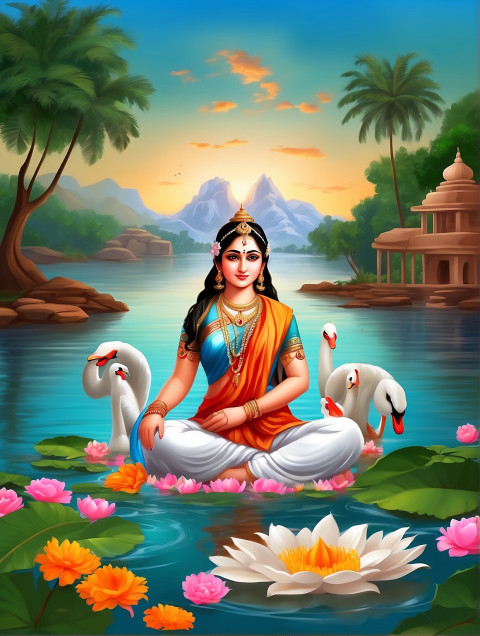 Saraswati Maa Sitting On Flowers Editing Background with Swan
